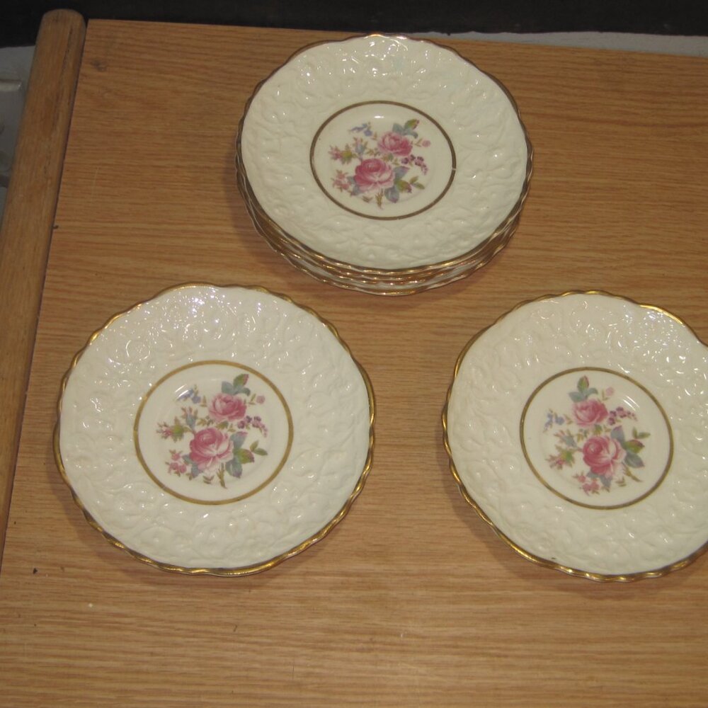 6 Saucers Pope Gosser Rose Point Warranted Coin Gold USA.